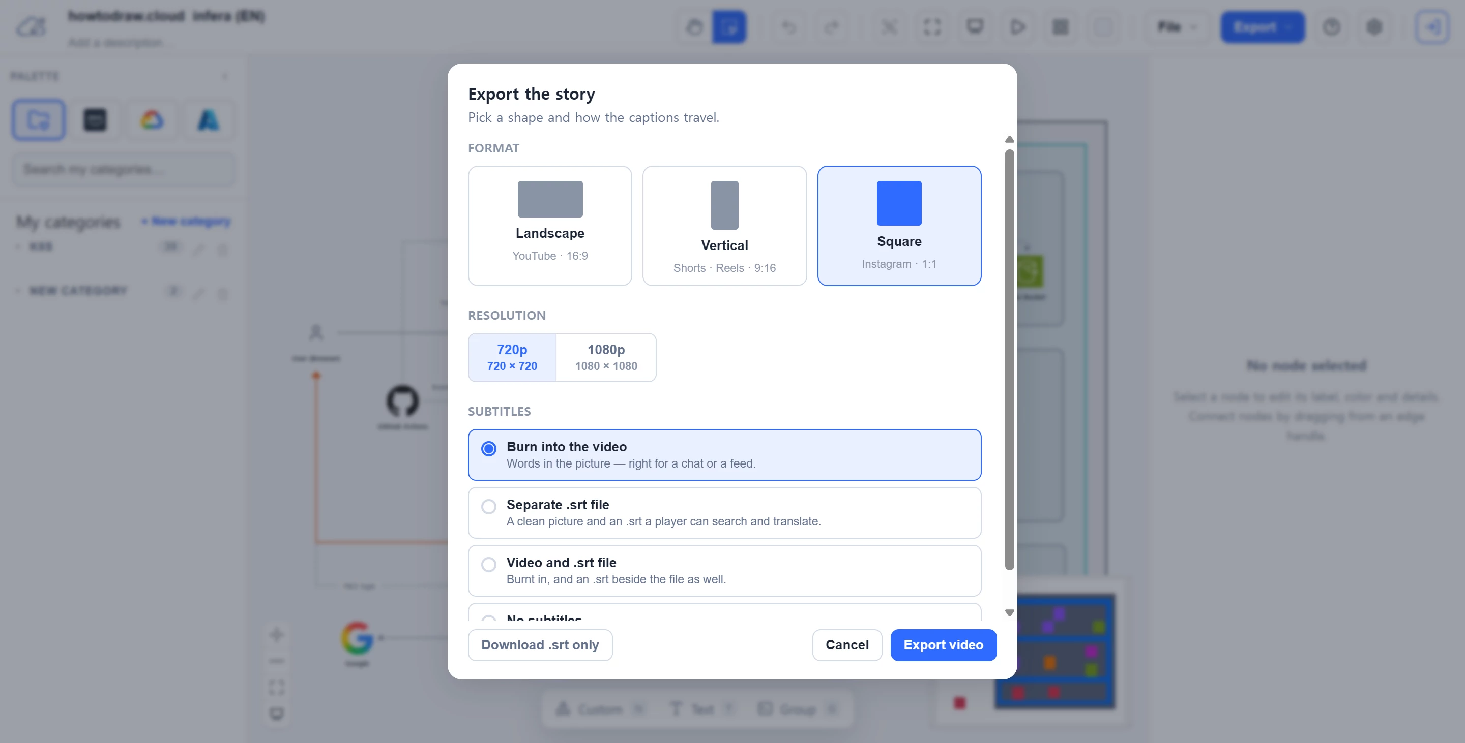 The Export menu with HTML, PNG, and MP4 options