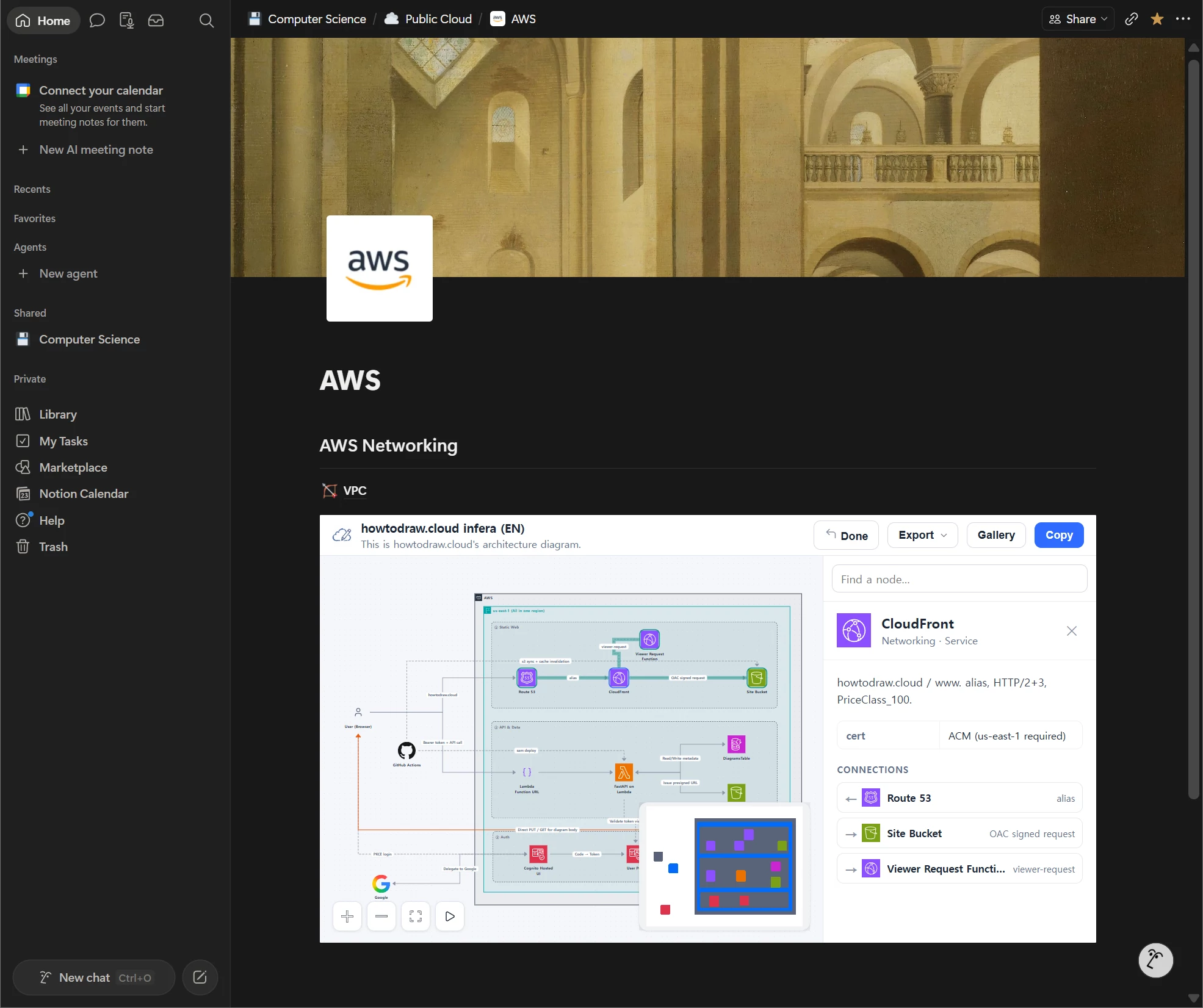 A howtodraw.cloud diagram embedded live inside a Notion page